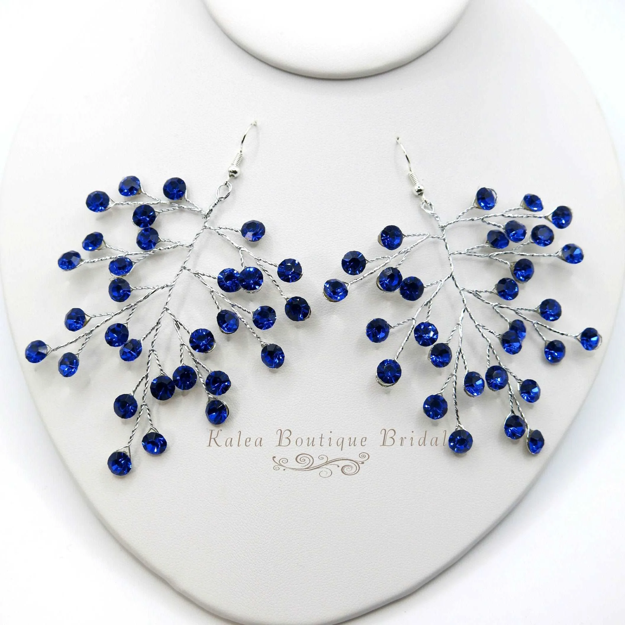 Bridal Blue Crystal Earrings, Rhinestone Earrings, Bridesmaid Dangle Crystal Earrings, Wedding Gold or Silver Wire Large Earrings