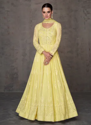 Pale Yellow Lucknowi Mirror Work Embroidery Anarkali Gown